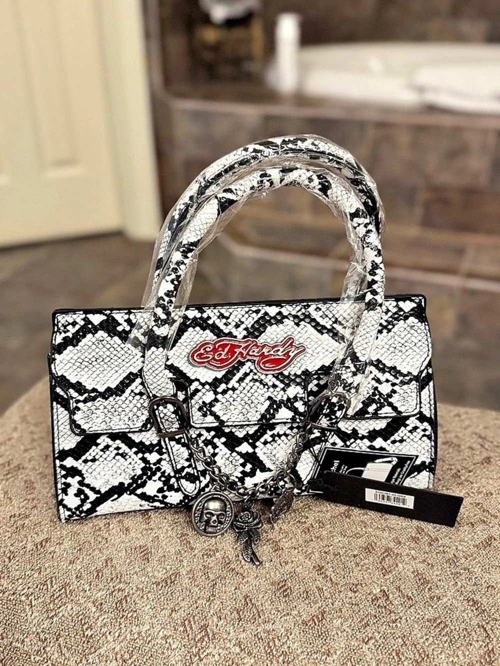 Ed Hardy Black White Snake Print Satchel Top Handle Bag Snakeskin Print Satchel